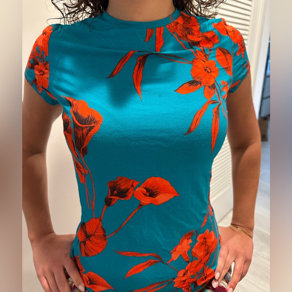 Ted Baker Teal Short Sleeve Top with Red Floral Print